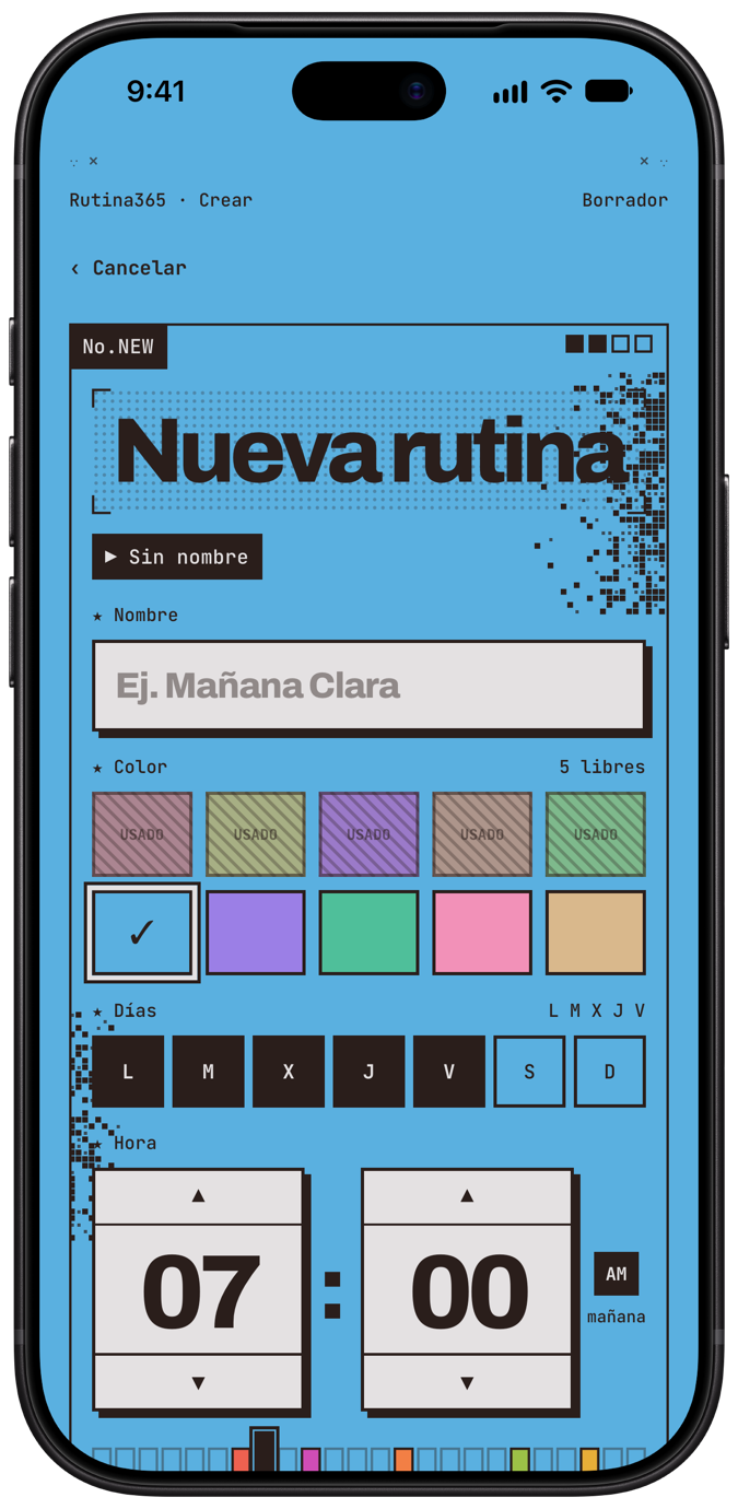 Crear rutina: nombre, color (los usados quedan bloqueados), días y hora