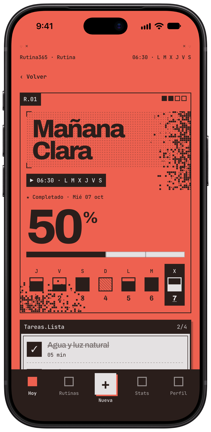 Detalle de la rutina Mañana Clara: 50 % y la semana día por día