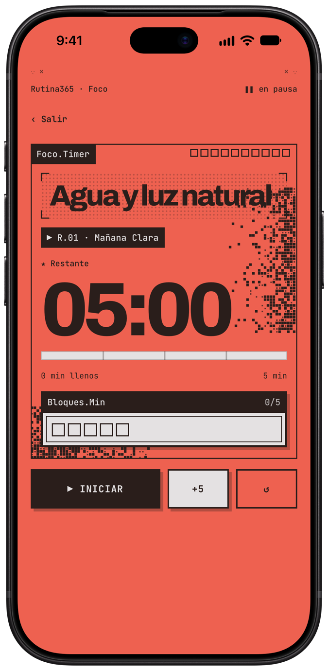 Temporizador de foco con 05:00 restantes y un cuadro por minuto