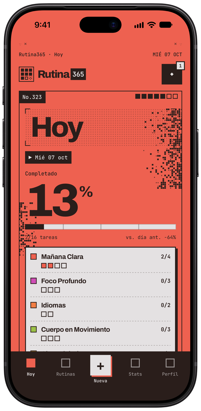 Pantalla Hoy de Rutina365 en un iPhone: porcentaje del día completado y avance de cada rutina